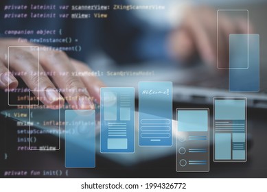 UX UI, Mobile app user interface designs, digital software technology development concept. Planning application process development prototype wireframe for mobile phone. User experience, computer code - Shutterstock ID 1994326772