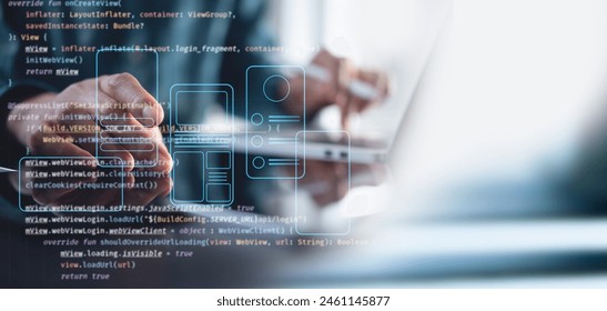 UX UI, Mobile app user interface designs, digital software, mobile app development concept. Planning application process develop prototype wireframe for mobile phone. User experience, computer code - Powered by Shutterstock