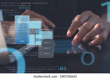 UX UI, Mobile apps user interface designs, digital software technology development. Graphic designer planning application process development prototype wireframe for mobile phone. User experience - Shutterstock ID 1987256633