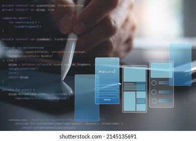 UX UI, Mobile apps user interface designs, digital software technology development.  planning application process development prototype wireframe for mobile phone. User experience, computer code - Shutterstock ID 2145135691