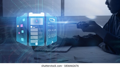 UX UI user interface design graphical futuristic icon with graphics designer planning sketch creating creative idea innovation teamwork planning strategy, using pen computer laptop modern technology  - Shutterstock ID 1836462676
