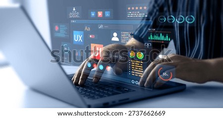 UX-UI design web and user design development.Holographic UIUX, display icons of UX-UI designer, creative planning, data visualization. Web design, application design,coding develop.
