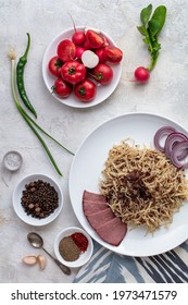 Uzbek Food Naryn With Chopped Dough And Meat. Served With Vegetables And Spices. Flatlay Vertical View