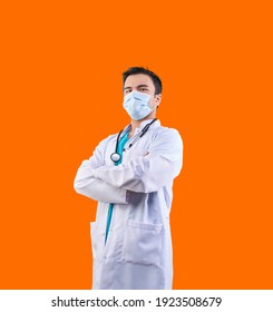 Uzbek Man Doctor Wearing Mask In Pandemic Isolated Style Colorful Background.