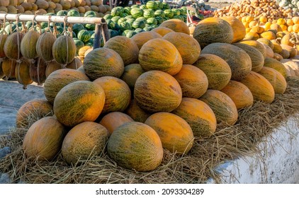 Uzbekistan, City Of Bukhara, Honeydew Melons The Weekly Market.
