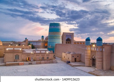 Uzbekistan Khiva - April 17, 2019 Mosques and minarets on the main square in Khiva Uzbekistan