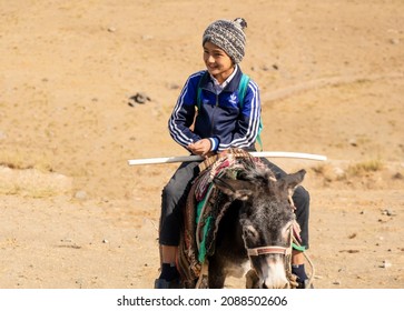 Uzbekistan, In The Naratau Mountains Children Coming Back From School Riding On A Donkey. 7th Of October 2021