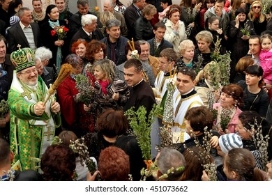 Uzhgorod, Ukraine - April 13. 2014: Greek Catholic parish congregation celebrate Palm Sunday, one week befor Easter.