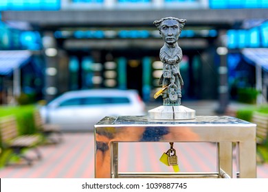 Uzhhorod, Ukraine - September 18, 2016:Sculpture of Harry Houdini. Miniature sculptures by Mikhail Kolodka.