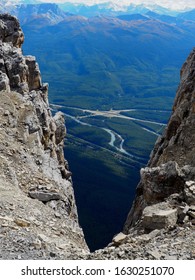 V Shape Rock View Towards Bow Valley  And Trans Canada Highway At The Summit Of Castle Mountain, Banff National Park Canada