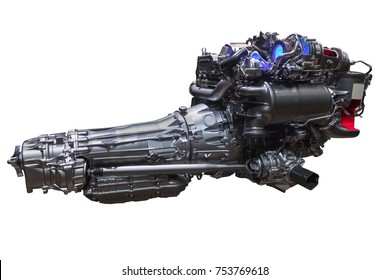 V8 Engine With A Modern Automatic Transmission Isolated Over White Background