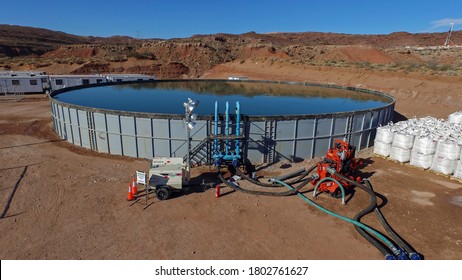 Vaca Muerta, Argentina, December 24, 2015: Tank Of Water And Sand In Bags, For Hydraulic Fracturing Of Unconventional Oil.