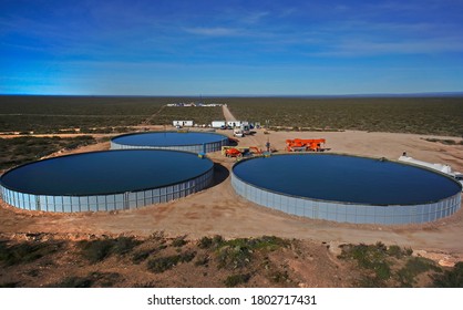 Vaca Muerta, Argentina, November 20, 2015: Extraction Of Unconventional Oil. Water Tanks For Hydraulic Fracturing.