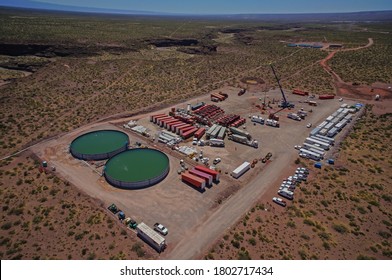 Vaca Muerta, Argentina, November 23, 2015: Extraction Of Unconventional Oil. Water Tanks For Hydraulic Fracturing.