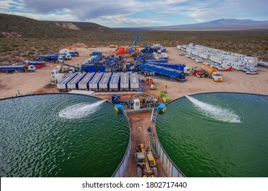 Vaca Muerta, Argentina, November 23, 2015: Extraction Of Unconventional Oil. Water Tanks For Hydraulic Fracturing.