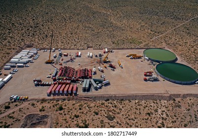 Vaca Muerta, Argentina, November 23, 2013: Extraction Of Unconventional Oil. Water Tanks For Hydraulic Fracturing.