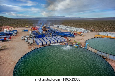 Vaca Muerta, Argentina, November 23, 2015: Extraction Of Unconventional Oil. Water Tanks For Hydraulic Fracturing.