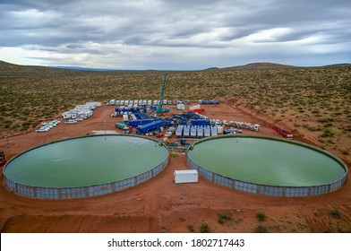 Vaca Muerta, Argentina, November 25, 2015: Extraction Of Unconventional Oil. Water Tanks For Hydraulic Fracturing.