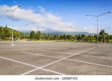 Vacant Parking Lot ,Parking Lane Outdoor In Public Park 