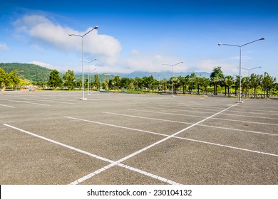 Vacant Parking Lot ,Parking Lane Outdoor In Public Park 