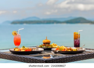 Vacation Breakfast Or Dinner Table At Restaurant With Sea View In Tropics. Romantic Honeymoon Travel Holiday In Luxury Hotel Resort.