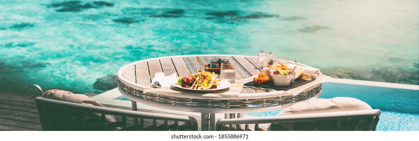 Vacation Brunch Food Table At Luxury Restaurant Hotel Suite Private Terrace Panoramic Banner. Romantic Cruise Honeymoon Travel Destination Holiday In Maldives Or Tahiti.