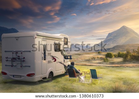 Vacation with an caravan in natural landscape.