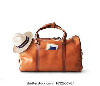 Vacation Concept, Large Classic Brown Leather Travel Bag With Hat	