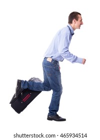 Vacation Concept - Side View Of Middle Aged Business Man Running With Suitcase Isolated On White Background