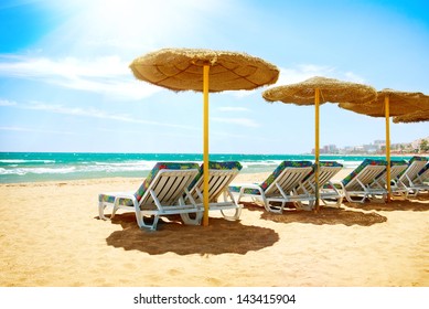 Vacation Concept. Spain. Beach on Costa del Sol. Mediterranean Sea