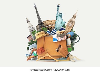 Vacation concept, suitcase with hat and tourist accessories and landmarks. Tourist packing	 - Shutterstock ID 2200994165
