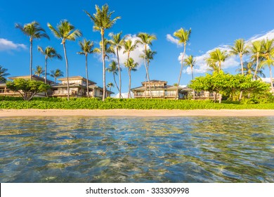 Vacation Cottages On The Beach With Palms, Maui, Hawaii.