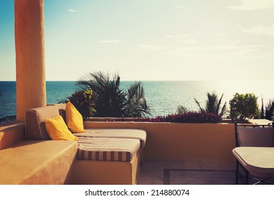 Vacation, Home And Travel Concept - Sea View From Balcony Of Home Or Hotel Room