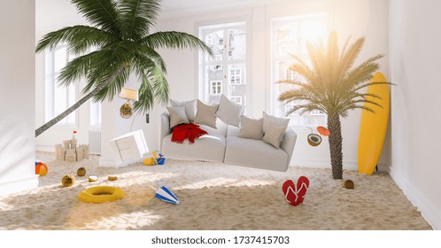 Vacation At Home With Zero Gravity Sofa Hovering Over The Beach And Palm Trees In The Living Room At Coronavirus Lockdown