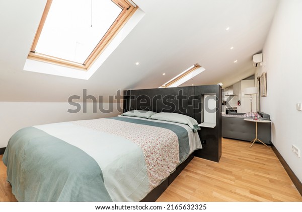 Vacation rental apartment\
with a bedroom with a wooden divider and sloping ceilings with\
large skylights