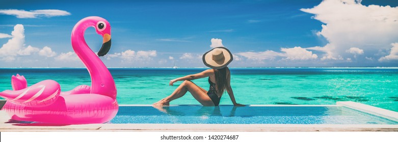 Vacation swimming pool banner luxury travel background woman relaxing by infinity overwater bungalow with pink flamingo float fun holiday concept panorama.