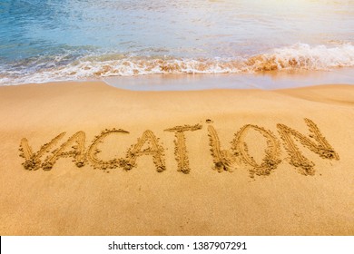 Vacation Text On Beach Vacation Written Stock Photo 1387907291 ...