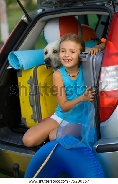Vacation, Travel - kid with dog ready for the\
travel for summer\
vacation
