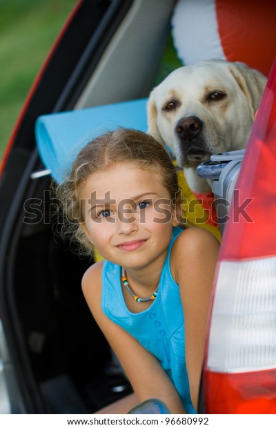 Vacation, Travel - kid with dog ready for the\
travel for summer\
vacation