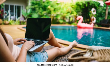 Vacation Traveling Laptop Technology Concept Woman Working On Her Laptop In Holiday  Remote Online Working Digital Freelance Work Concept