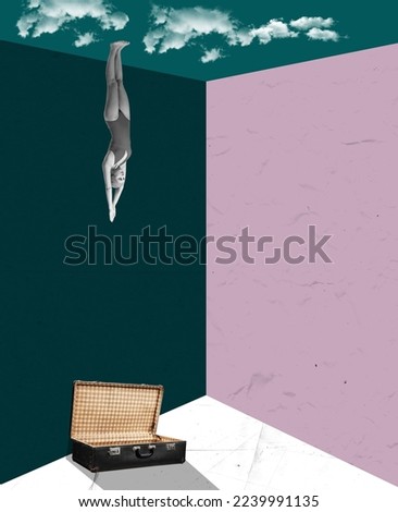 Vacation vibes. Female swimmer diving into retro suitcase. Modern art design, contemporary collage. Inspiration, idea, trendy urban fashion style. Surrealism. Poster for exhibitions