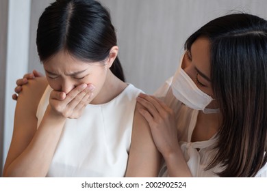 Vaccinated Woman Having Nausea And Vomit As The Negative Side Effect From Vaccine