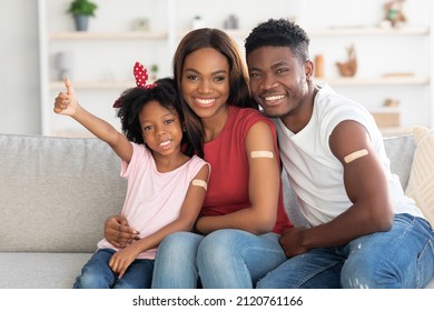 Vaccination Concept. Portrait Of Black Vaccinated Family Of Three With Adhesive Bandage On Arms, Happy African American Mother, Father And Little Daughter Posing At Home After Covid-19 Vaccine Shot - Powered by Shutterstock