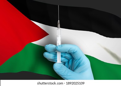 Vaccination In Palestine. Vaccine To Protect Against Covid-19 On Background Of National Flag.