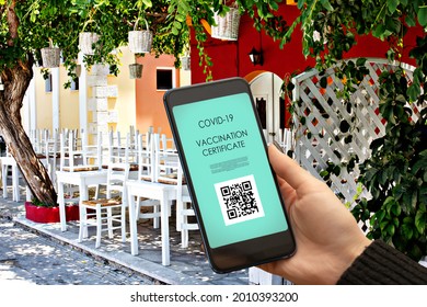 Vaccination Qr Code,vaccine Certificate And Digital Passport Of Covid-19, , Hand With Mobile Phone In Restaurant