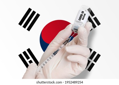 Vaccination In South Korea. Vaccine To Protect Against Covid-19 On Background Of National Flag.