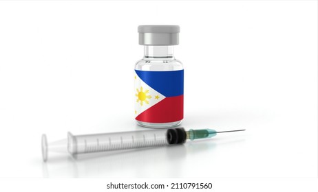 Vaccine Bottles And Syringe Isolated On White Background. Healthcare And Medical Concepts. Coronavirus Vaccine With The Flag Of Philippines. Covid Vaccination Campaign Concept In Filipino.