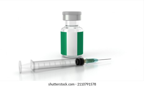 Vaccine Bottles And Syringe Isolated On White Background. Healthcare And Medical Concepts. Coronavirus Vaccine With The Flag Of Nigeria. Covid Vaccination Campaign Concept In Nigeria.