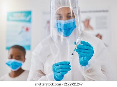 Vaccine, Injection And Medicine Cure For Covid, Monkeypox And Ebola With Doctor, Healthcare Or Medical Professional. Frontline Worker In Hazmat Suit Getting Ready To Inject Clinic Or Hospital