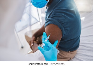 Vaccine, Injection Or Medicine Cure For Covid, Monkeypox And Ebola With Trust Doctor, Healthcare Or Medical Worker. Physician In Hazmat Suit With Wellness Treatment For Patient Arm At Hospital